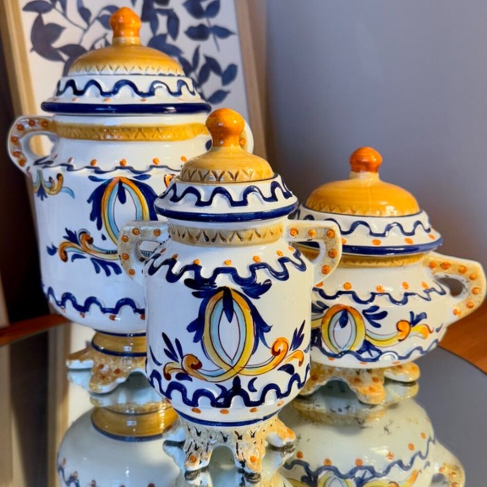 Bassano Ornate Italian Blue and Yellow Ceramic Pottery Set